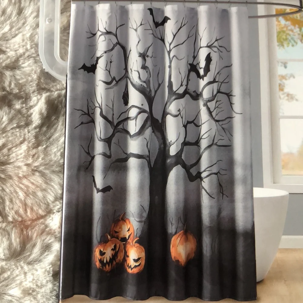 Bat and Jack O’Lanterns Spooky Halloween Shower Curtain -Gray